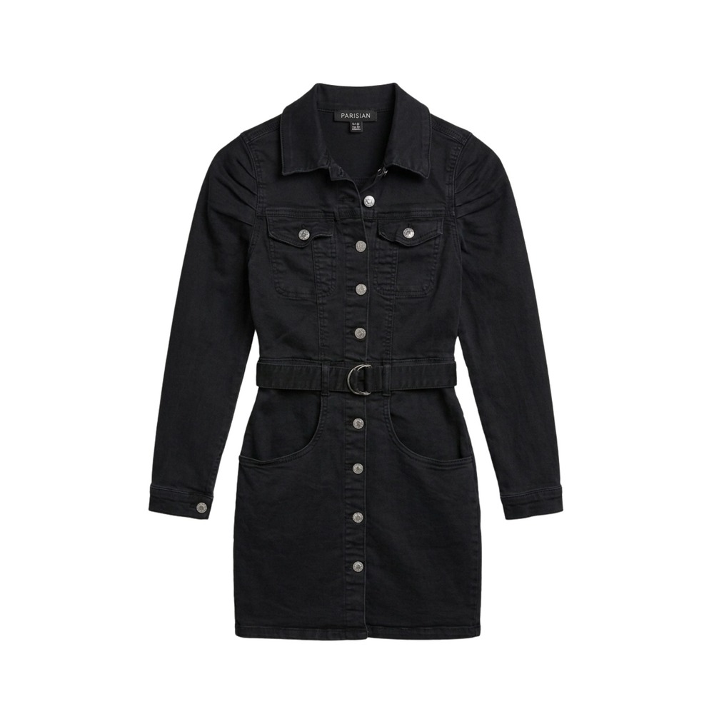 Parisian Blackโ Denim Mini Dress Long Sleeve Button Front Belted Puff Shoulder 4
